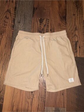 Classic Beige Ribbed Terrycloth Athletic Shorts with White Drawstring